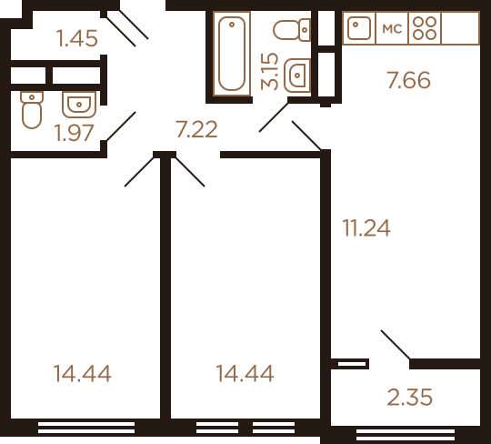Трёхкомнатная квартира 63.92 м²
