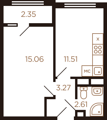Однокомнатная квартира 34.8 м²