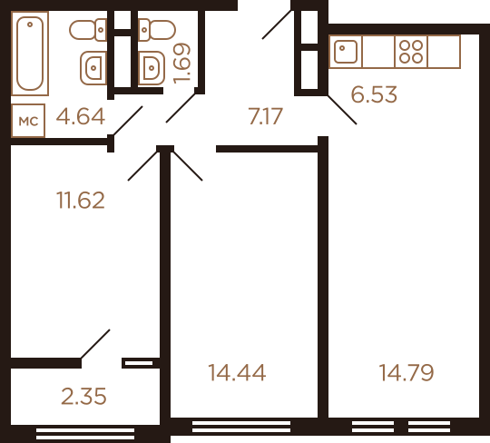 Трёхкомнатная квартира 63.18 м²