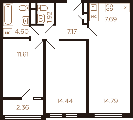 Трёхкомнатная квартира 64.58 м²
