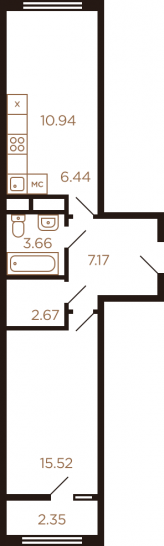 Двухкомнатная квартира 48.75 м²
