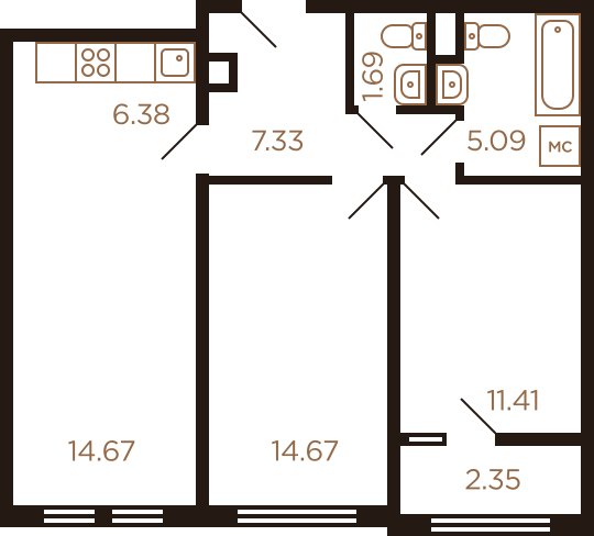 Трёхкомнатная квартира 63.65 м²