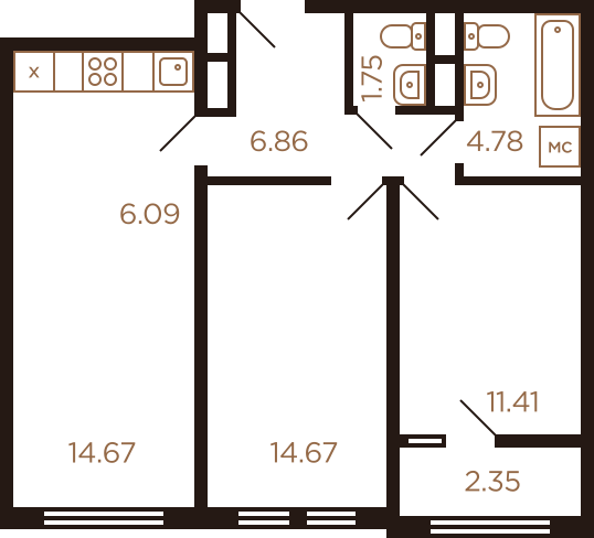Трёхкомнатная квартира 62.58 м²