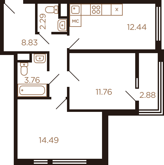 Двухкомнатная квартира 56.45 м²