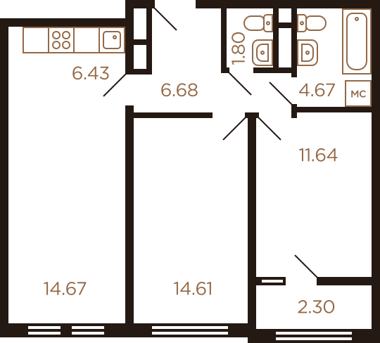Трёхкомнатная квартира 62.8 м²