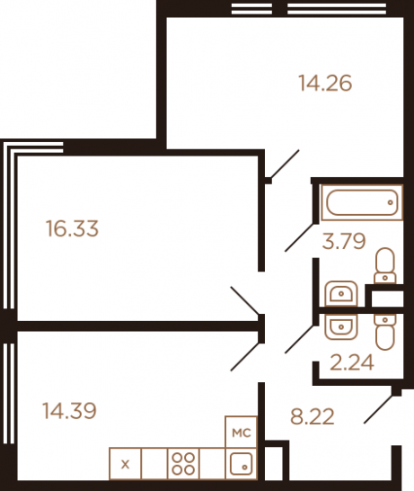 Двухкомнатная квартира 59.23 м²