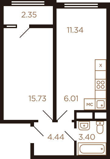 Двухкомнатная квартира 43.27 м²