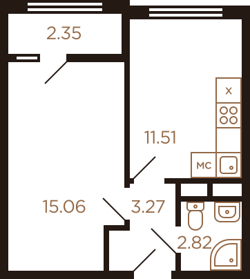 Однокомнатная квартира 35.01 м²