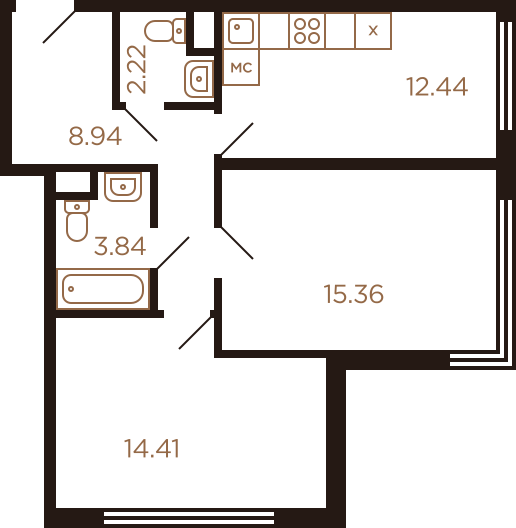 Двухкомнатная квартира 57.21 м²