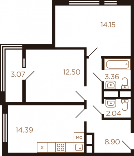 Двухкомнатная квартира 58.41 м²