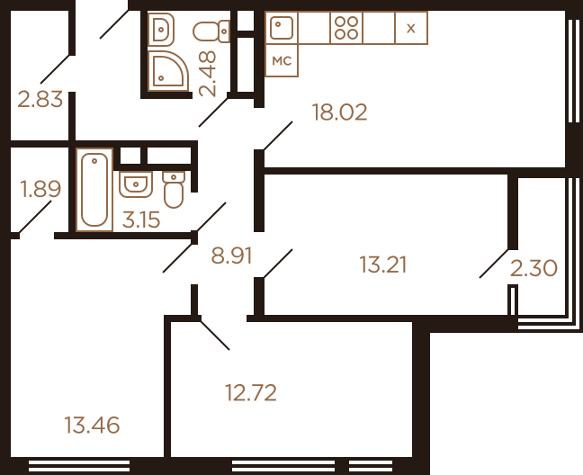 Трёхкомнатная квартира 78.97 м²