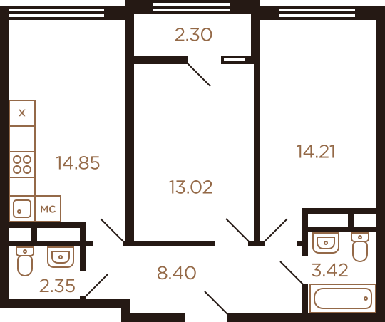 Двухкомнатная квартира 58.55 м²