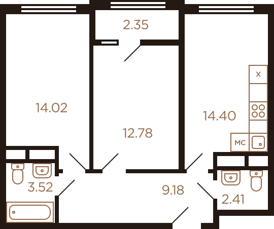 Двухкомнатная квартира 58.66 м²