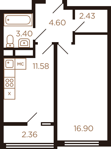 Однокомнатная квартира 41.27 м²