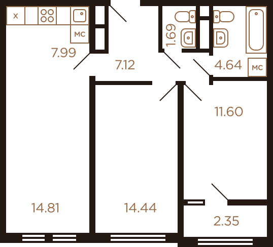 Трёхкомнатная квартира 64.64 м²