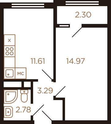Однокомнатная квартира 34.95 м²
