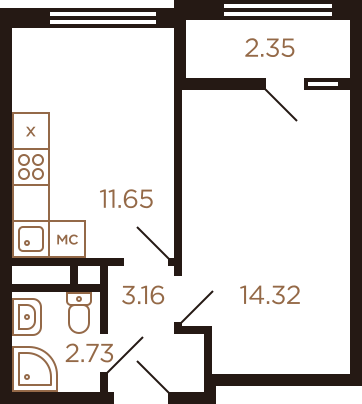 Однокомнатная квартира 34.21 м²