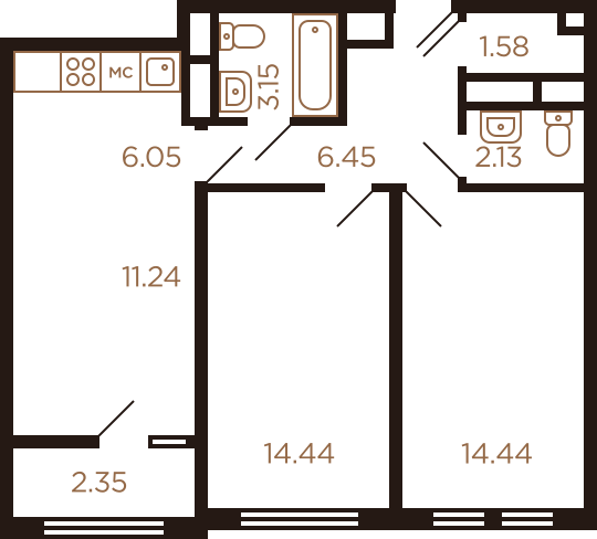 Трёхкомнатная квартира 61.83 м²