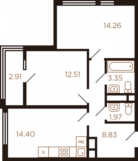 Двухкомнатная квартира 58.23 м²