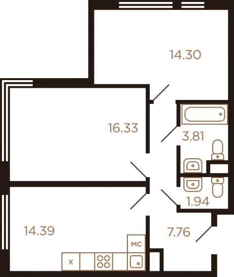 Двухкомнатная квартира 58.53 м²
