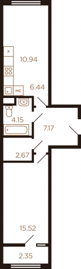 Двухкомнатная квартира 49.24 м²