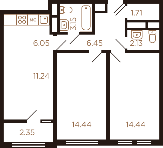 Трёхкомнатная квартира 61.96 м²