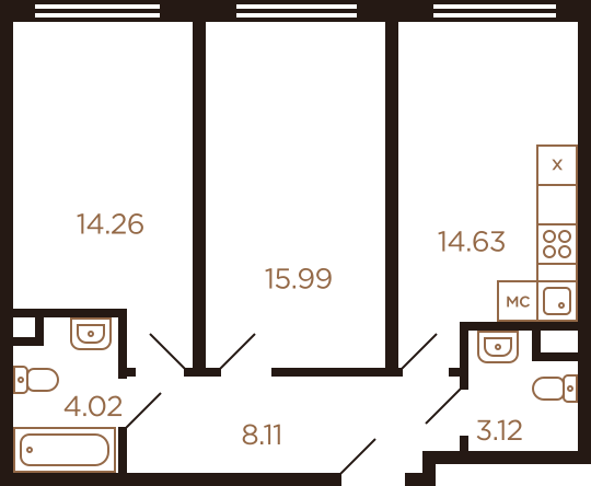 Двухкомнатная квартира 60.13 м²