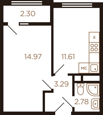 Однокомнатная квартира 34.95 м²