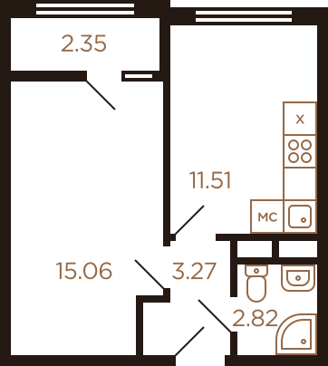 Однокомнатная квартира 35.01 м²