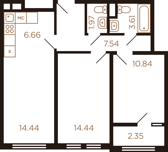 Трёхкомнатная квартира 61.85 м²