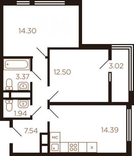 Двухкомнатная квартира 57.06 м²