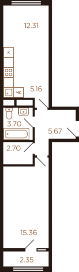 Двухкомнатная квартира 47.25 м²