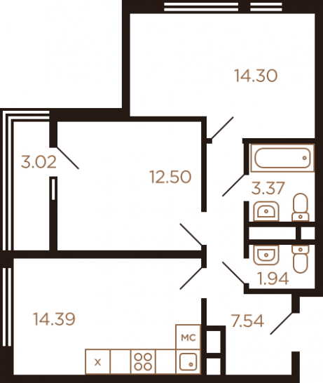 Двухкомнатная квартира 57.06 м²