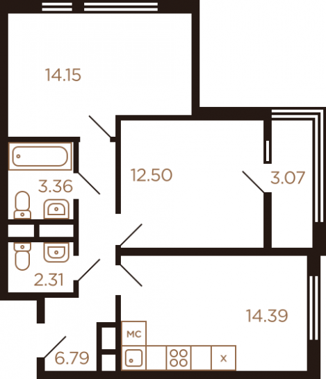 Двухкомнатная квартира 56.57 м²