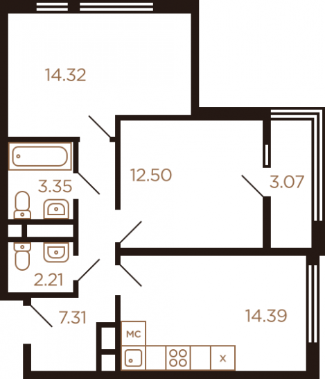 Двухкомнатная квартира 57.15 м²