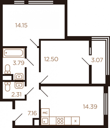 Двухкомнатная квартира 57.37 м²