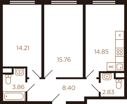 Двухкомнатная квартира 59.91 м²