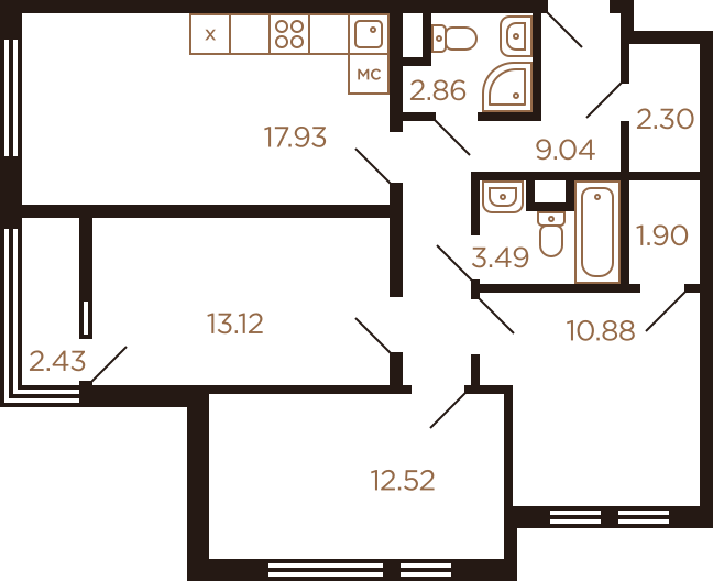 Трёхкомнатная квартира 76.47 м²