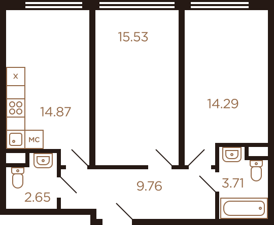 Двухкомнатная квартира 60.81 м²