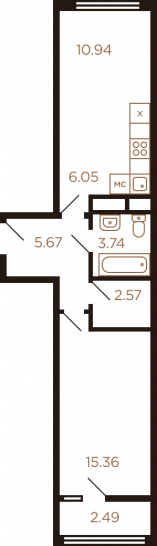 Двухкомнатная квартира 47.27 м²