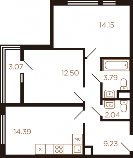 Двухкомнатная квартира 59.17 м²