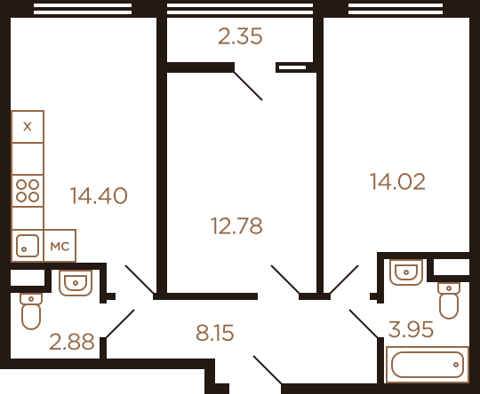 Двухкомнатная квартира 58.53 м²