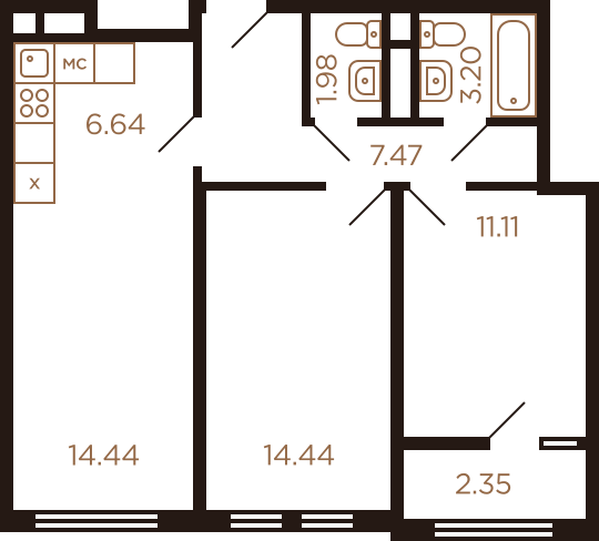 Трёхкомнатная квартира 61.63 м²