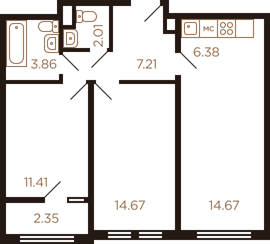 Трёхкомнатная квартира 62.56 м²