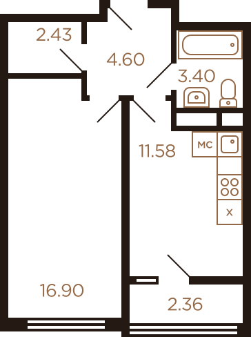 Однокомнатная квартира 41.27 м²