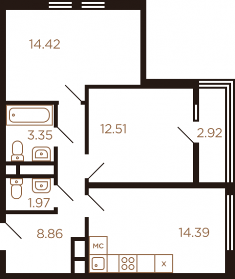 Двухкомнатная квартира 58.42 м²