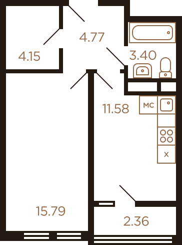 Однокомнатная квартира 42.05 м²