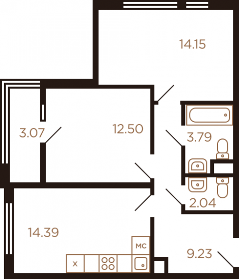 Двухкомнатная квартира 59.17 м²