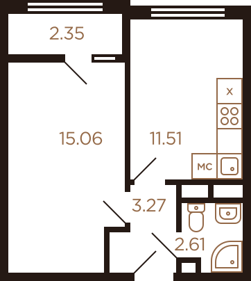 Однокомнатная квартира 34.8 м²