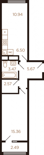 Двухкомнатная квартира 47.27 м²